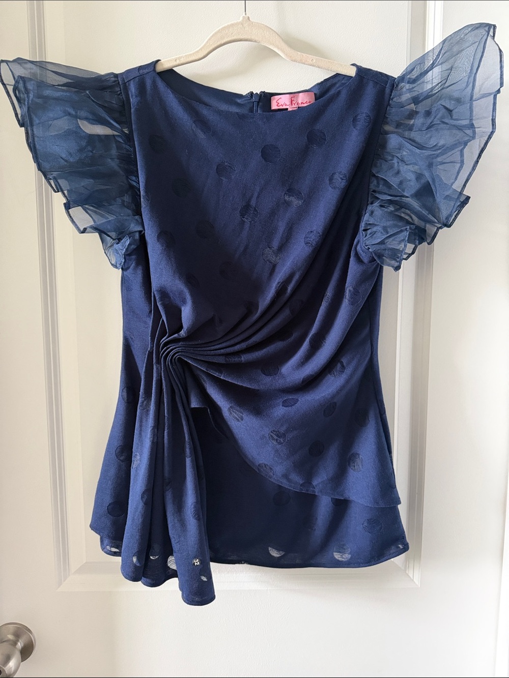 Eva Franco Navy Ruffle-Sleeve Polka Dot Top